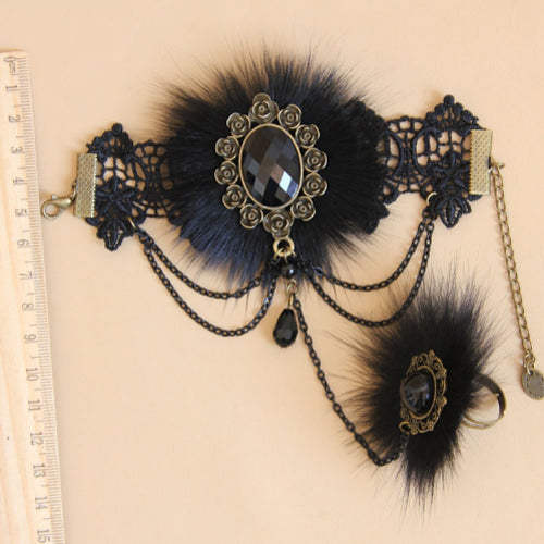 Black Retro Fashion Lace Fox Hair Female Gothic Lolita Ring Bracelet - Product - 6