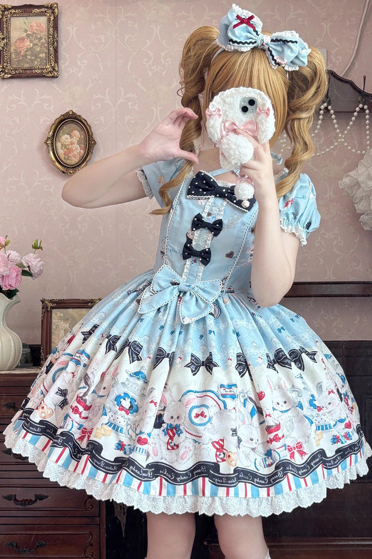 ブルー [Mystery Rabbit Tea Party] スクエアカラー 半袖 プリント フリル リボン レース スウィートロリータ ワンピース 商品画像