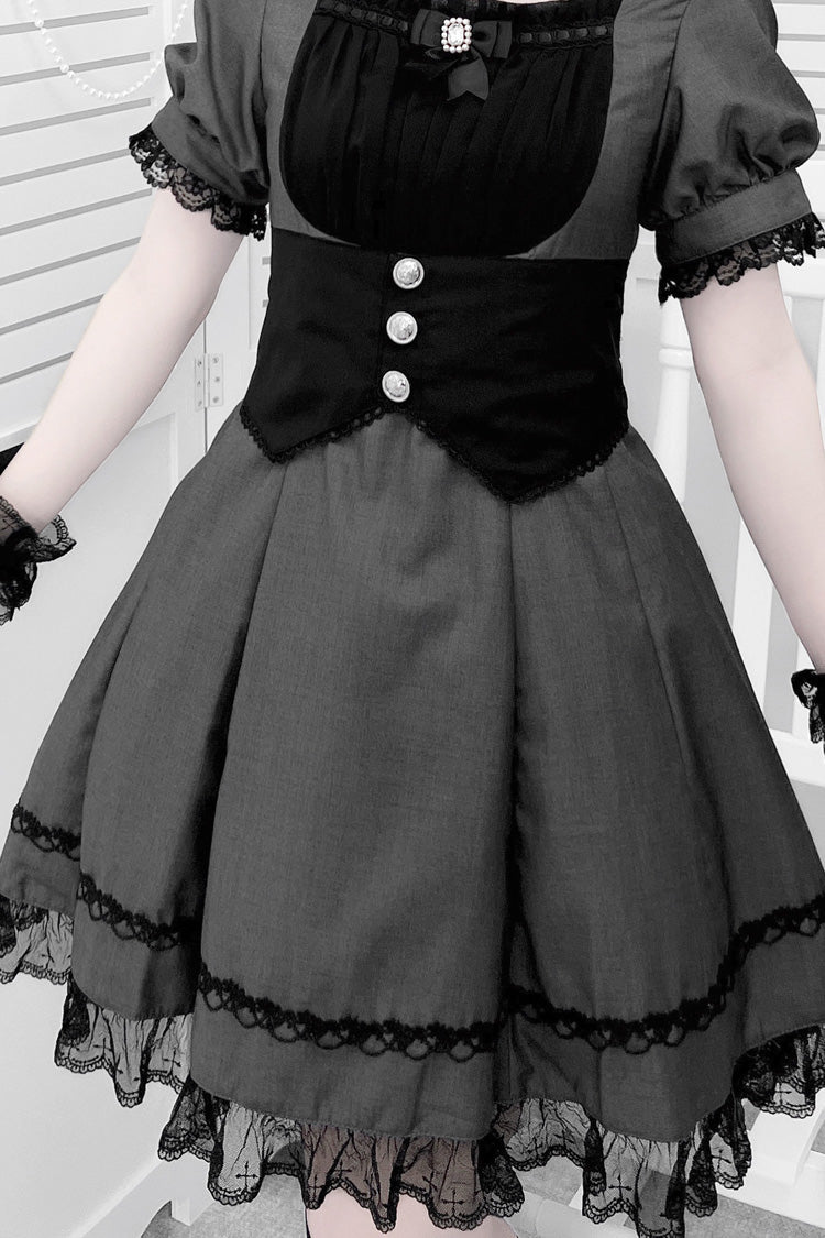 Black/Grey Short Sleeves Ruffle Bowknot Cross Waist Maid Sweet Japanese Lolita Dress Set - Product - 3