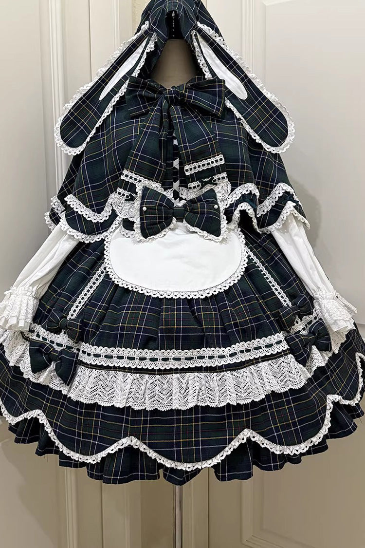 Green [Gingham Petal Bunny] Short Sleeves Printed Ruffled Bow Sweet Lolita OP Dress - Product - 17
