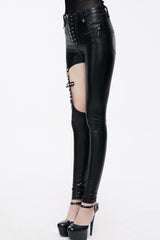 Black Hollow Out Cross Shaped Elastic Sexy Punk Tight Leather Womens Pants - Product - 3