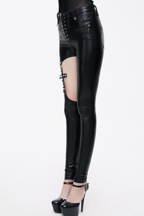 Black Hollow Out Cross Shaped Elastic Sexy Punk Tight Leather Womens Pants - Product - 3
