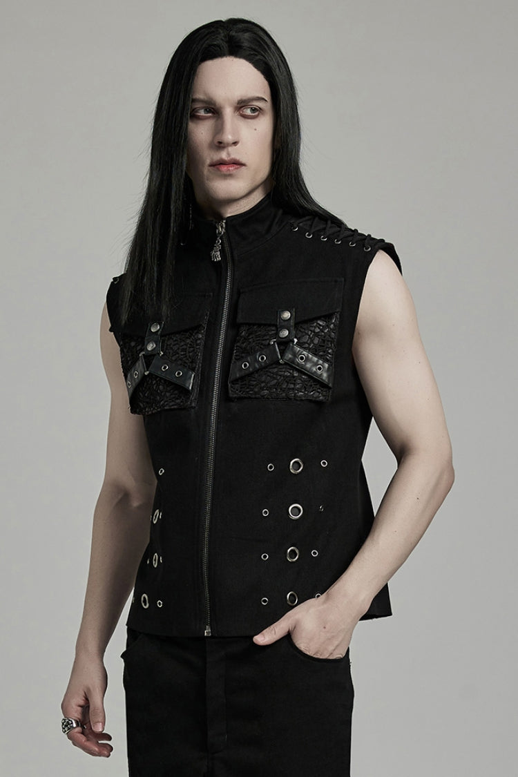Black Stand Collar Stitching Slim Men's Punk Vest - Product - 2