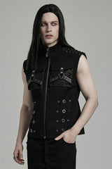 Black Stand Collar Stitching Slim Men's Punk Vest - Product - 2