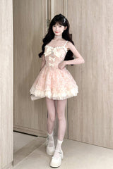 Pink Square Collar Sleeveless Multi-Layered Ruffled Embroidered Bow Pearl Detail Sweet Lolita Jsk Dress - Product - 5