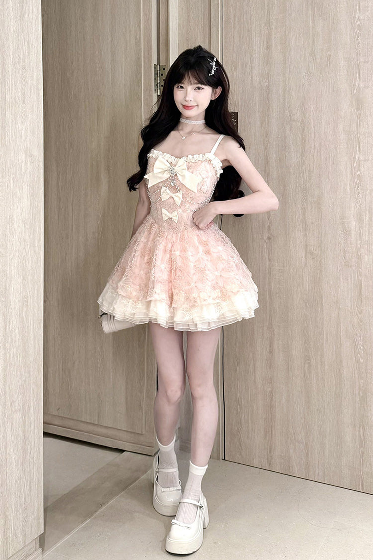 Pink Square Collar Sleeveless Multi-Layered Ruffled Embroidered Bow Pearl Detail Sweet Lolita Jsk Dress - Product - 5