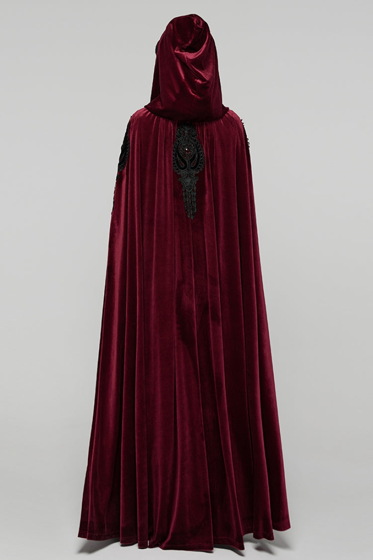 Red Floral Embroidery Diamante Velvet Hooded Women's Gothic Cloak - Product - 3