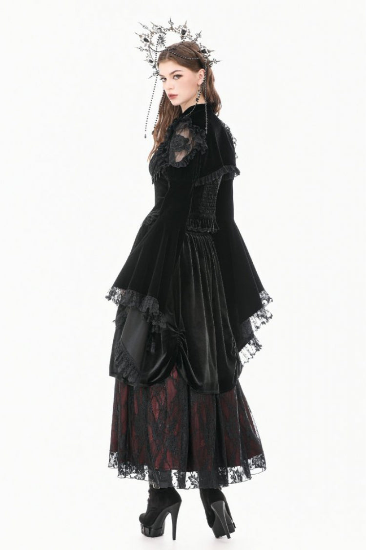 Black Ruffled Lace Long Trumpet Sleeves Floral Sheer Mesh Spliced Velvet Women's Gothic Cape - Product - 2