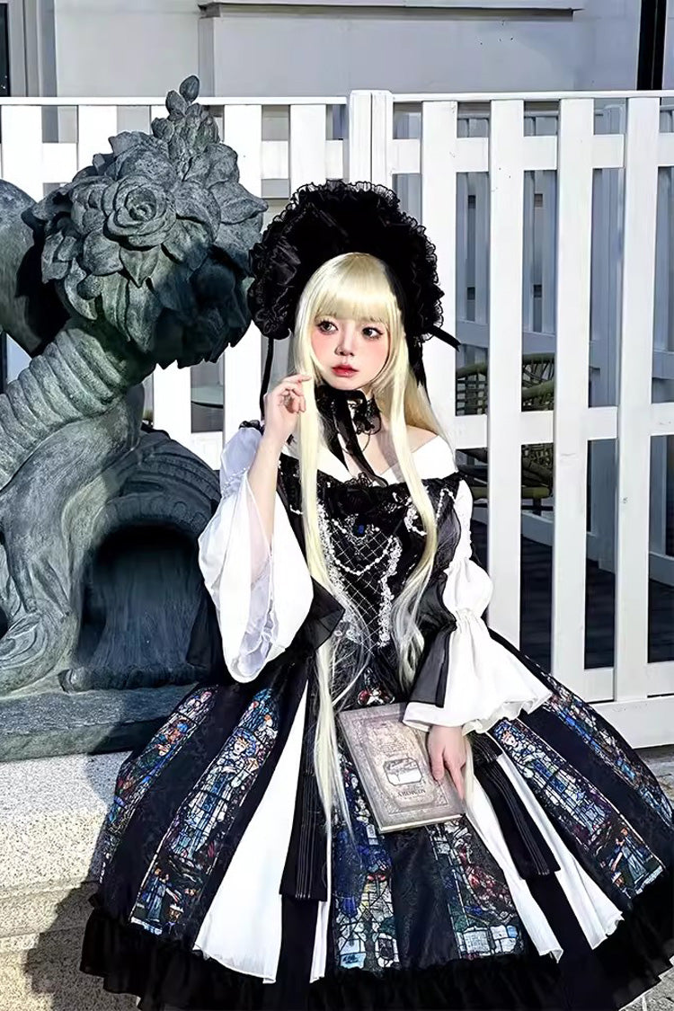 Black Stained Window Print Ruffle Bowknot Gothic Elegant Lolita Jsk Dress - Product - 3