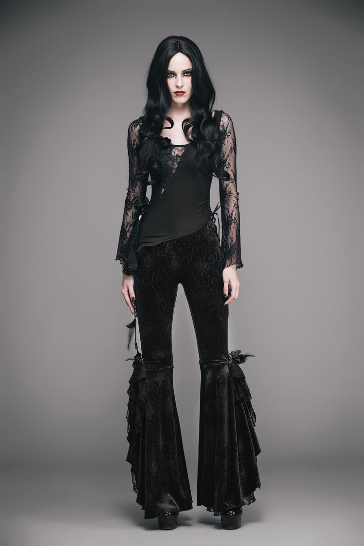 Black Front Chest Rose Decoration Flare Sleeve Irregular Lace Hem Knit Women's Gothic T-Shirt - Product - 3