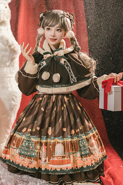 Brown Christmas Gift Print Long Sleeve Sweet Lolita OP Dress - Product - 3