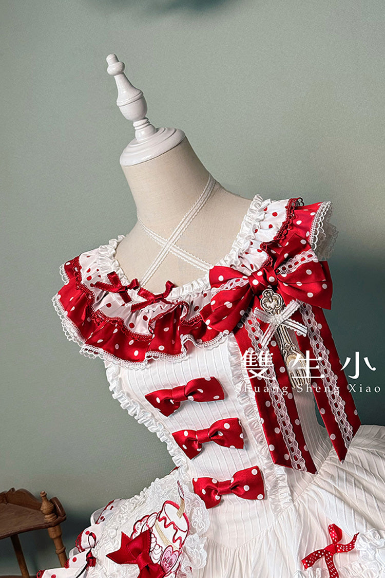 Red/White [Twin Bears] Sleeveless Triple-Layered Print Ruffle Bowknot Lace Sweet Lolita Jsk Dress - Product - 10
