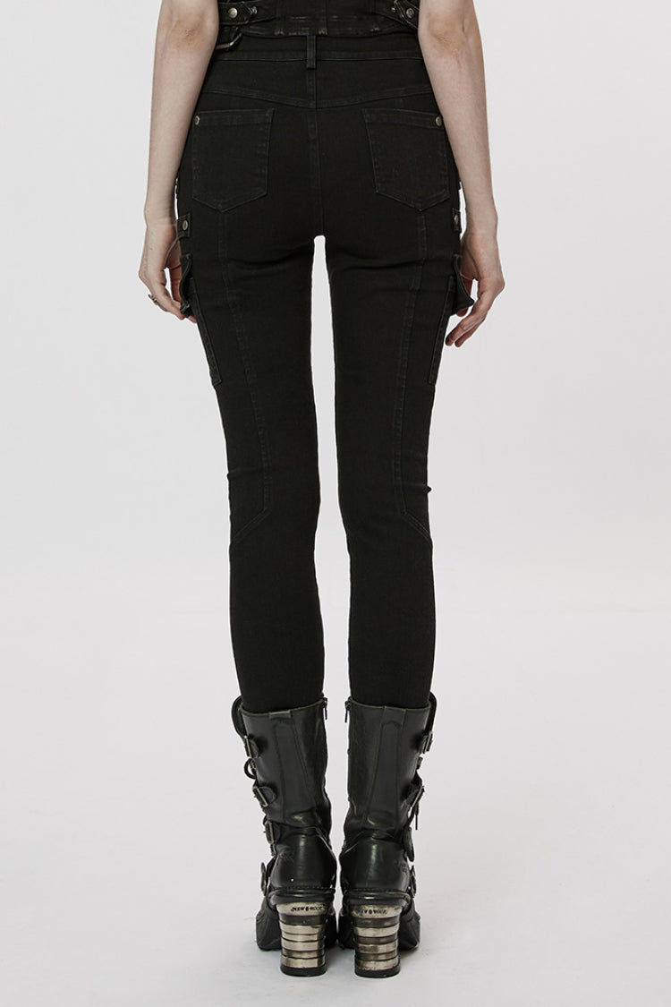Black Multi-Pocket Buckle Women's Punk Jeans Pants - Product - 3