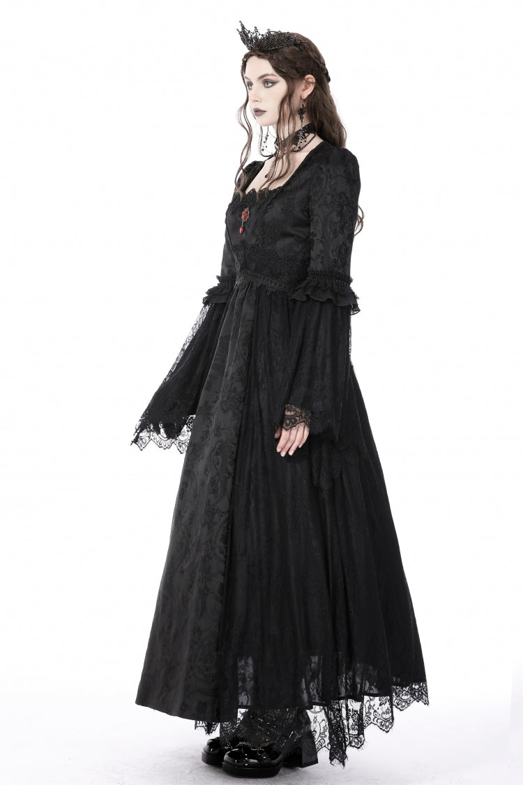 Black Square Collar Long Hime Sleeves Embroidered Lace Spliced Women's Gothic Maxi Wedding Dress - Product - 2