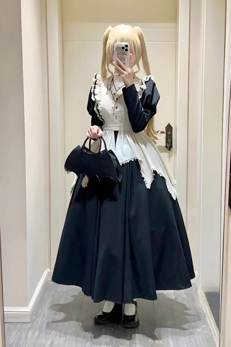 Black/White Nun Style Maid Long Puff Sleeves Slim Gothic Lolita Dress - Product - 6