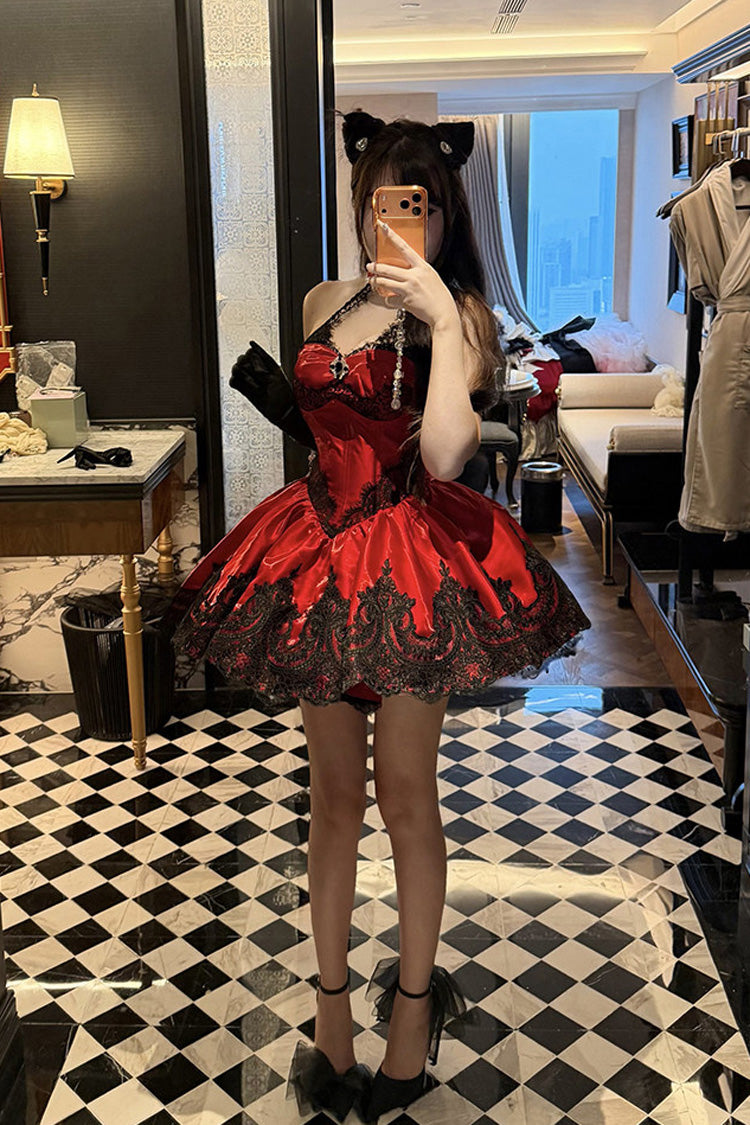 Red [Lace Cat] Halterneck Cut-Out Embroidered Gothic Ballet Lolita Jsk Dress - Product - 8