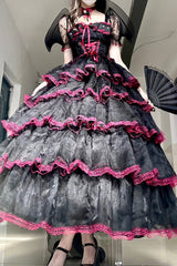 Black/Red Short Sleeves Multi-Layered Ruffle Hanayome Bowknot Lace Plus Size Sweet Lolita Dress (Long Version) - Black/Red - 1
