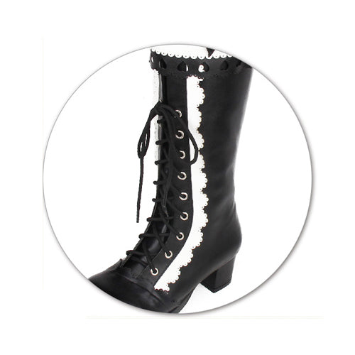 Black White Lace Bowknot Heart Shaped Round Toe Sweet Lolita High Boots - Product - 4