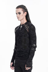 Black Round Collar Long Sleeves Buckle Star Studs Men's Gothic T-Shirt - Product - 2