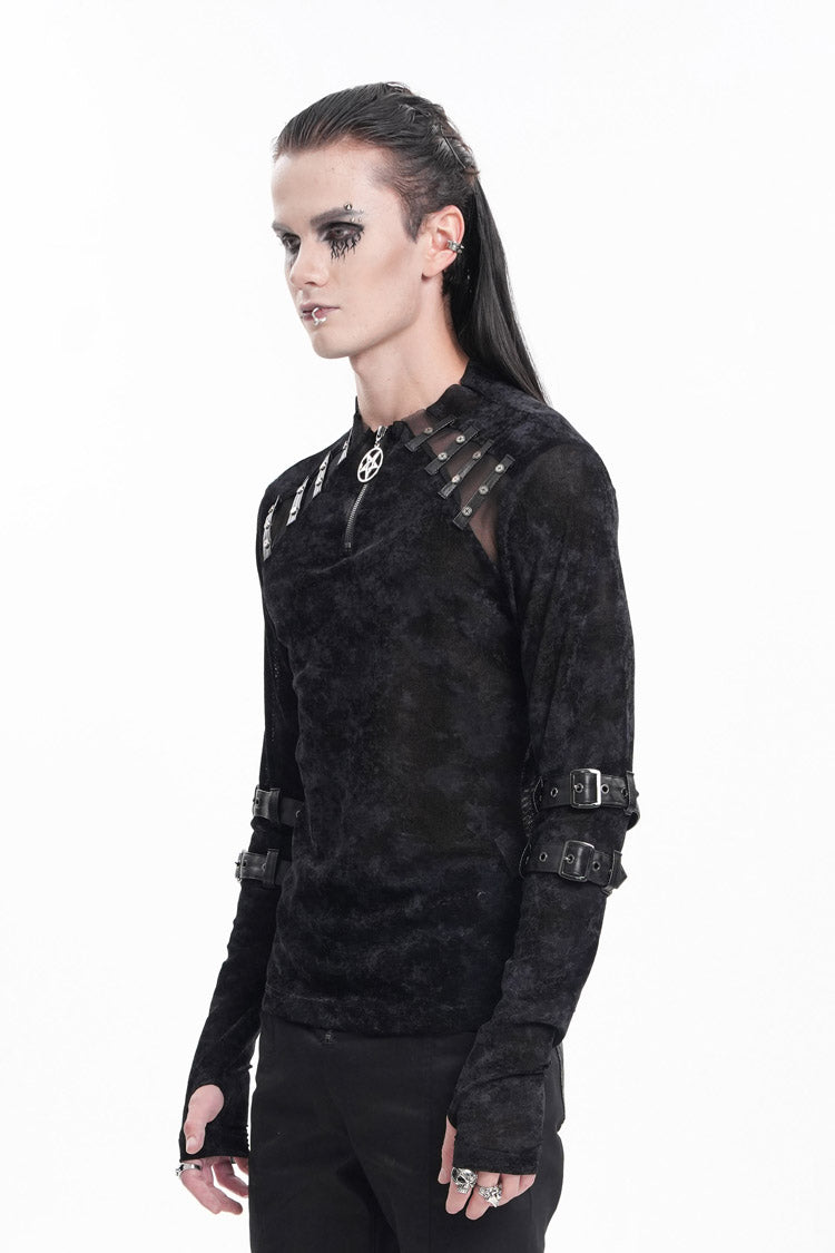 Black Round Collar Long Sleeves Buckle Star Studs Men's Gothic T-Shirt - Product - 2