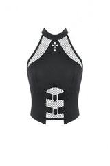 Black Women's Punk Halterneck Cross Double Buckled Waist Mesh Splice Tank Top - Product - 3
