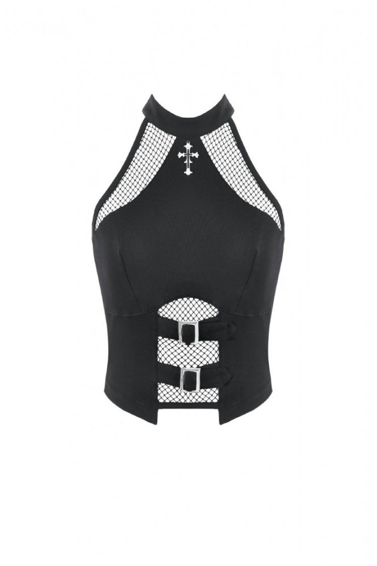 Black Women's Punk Halterneck Cross Double Buckled Waist Mesh Splice Tank Top - Product - 3