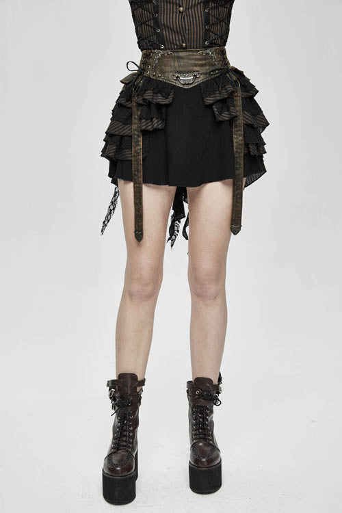 Black Punk Multi Layer Wavy Edges Striped Womens Half Skirt With Corset - Black - 1