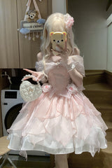 [Heartbeat] Off Shoulder Multi-Layered Ruffle Bowknot Lace Princess Gorgeous Dream Sweet Lolita Dress 2 Colors - Pink - 1