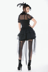 Black Multi-Layered Ruffled Lace Short Puff Sleeves Sheer Women's Courtly Gothic Blouse - Product - 2