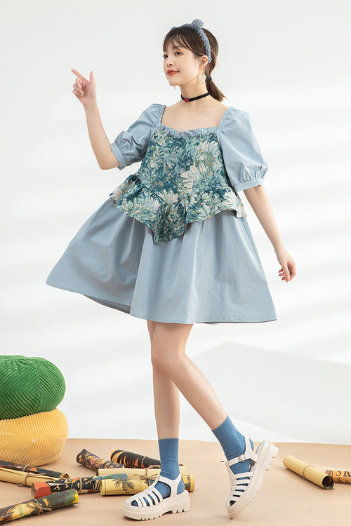 Blue Square Collar Ruffled Oil Painting Patchwork Short Sleeves High Waisted Sweet Lolita Dress - Product - 3