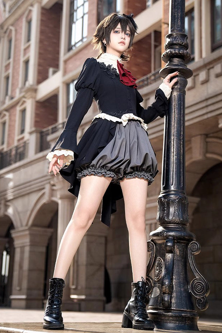 Black [Eternal Night Feast] Long Sleeves Gothic Prince Handsome Ouji Lolita Tailcoat Top and Shorts Set - Black - 1
