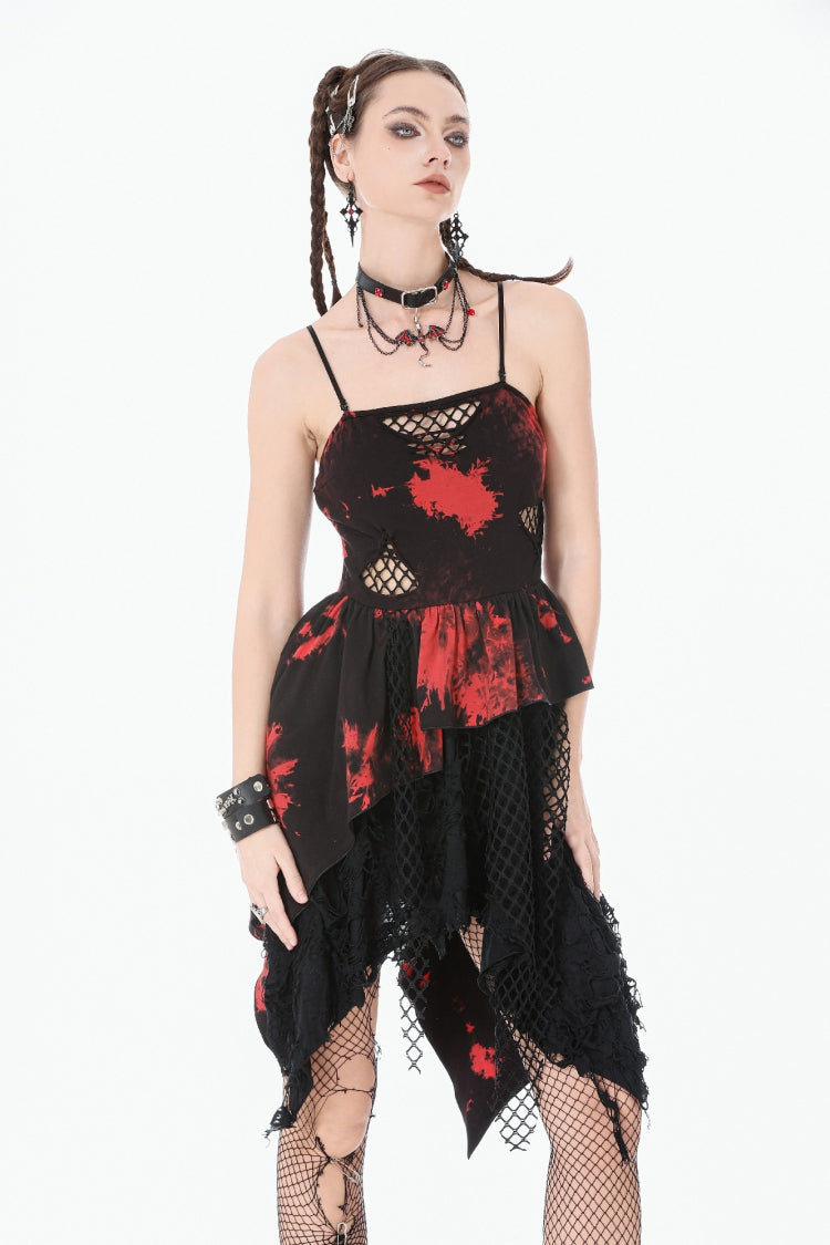 Black/Red Sleeveless Irregular Mesh Tie Dye Women's Punk Slip Dress - Product - 7