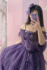 Purple [Bright Stars] Off Shoulder Ruffle Bowknot Asymmetric Sweet Elegant Princess Lolita Dress - Product - 4