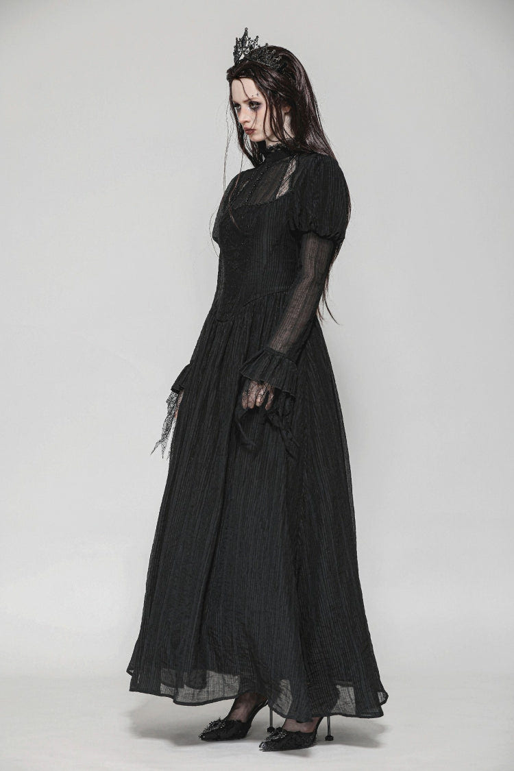 Black Women's Gothic Ruffled Stand Collar Long Puff Sleeves Spiderweb Splice Witch Maxi Dress - Product - 2