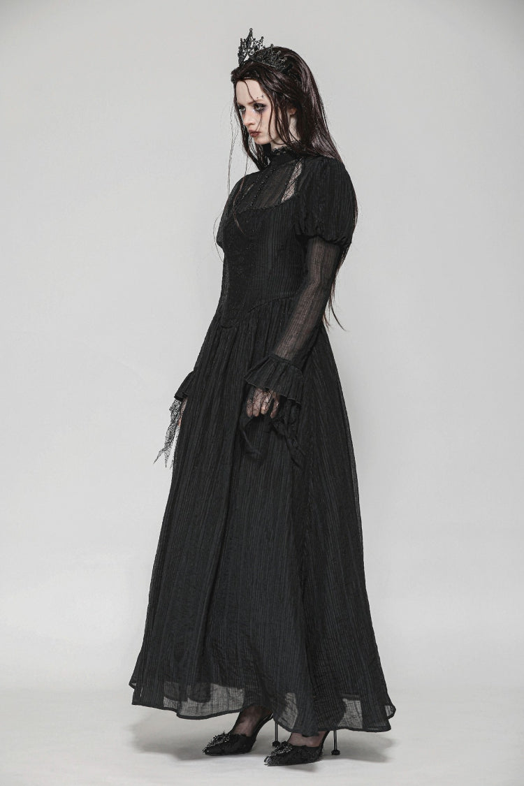 Black Women's Gothic Ruffled Stand Collar Long Puff Sleeves Spiderweb Splice Witch Maxi Dress - Product - 2