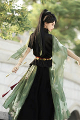 Black/Green Lapel Collar Short Sleeves Embroidered Sweet Chinese Inspired Wuxia Style Ouji Hanfu Pants Set - Product - 11