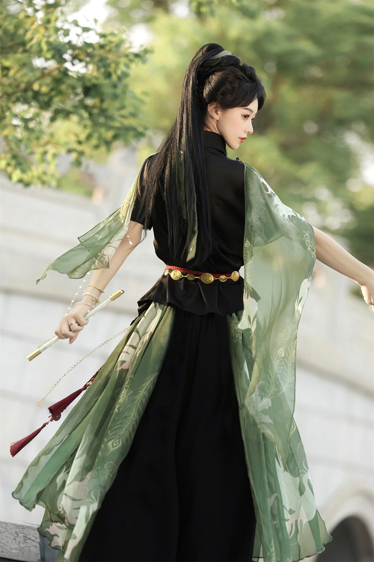 Black/Green Lapel Collar Short Sleeves Embroidered Sweet Chinese Inspired Wuxia Style Ouji Hanfu Pants Set - Product - 11