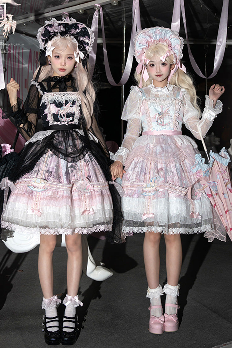 Pink/Blue [Pegasus Park] Multi-Layered Print Ruffle Bowknot Lace Sweet Gorgeous Lolita Jsk Dress - Product - 9