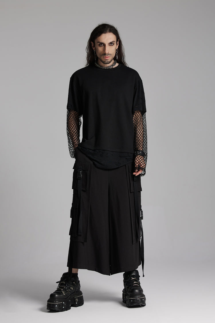 Black Round Collar Long Sleeves Mesh Ripped Men's Punk T-Shirt - Product - 5