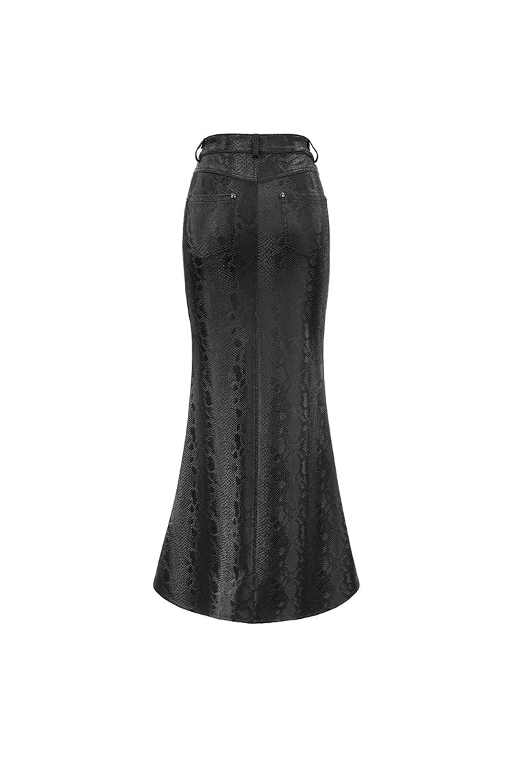 Black Snake Like Leather Side Slit Hem Lace Up Rivet Long Women's Punk Skirt - Product - 8