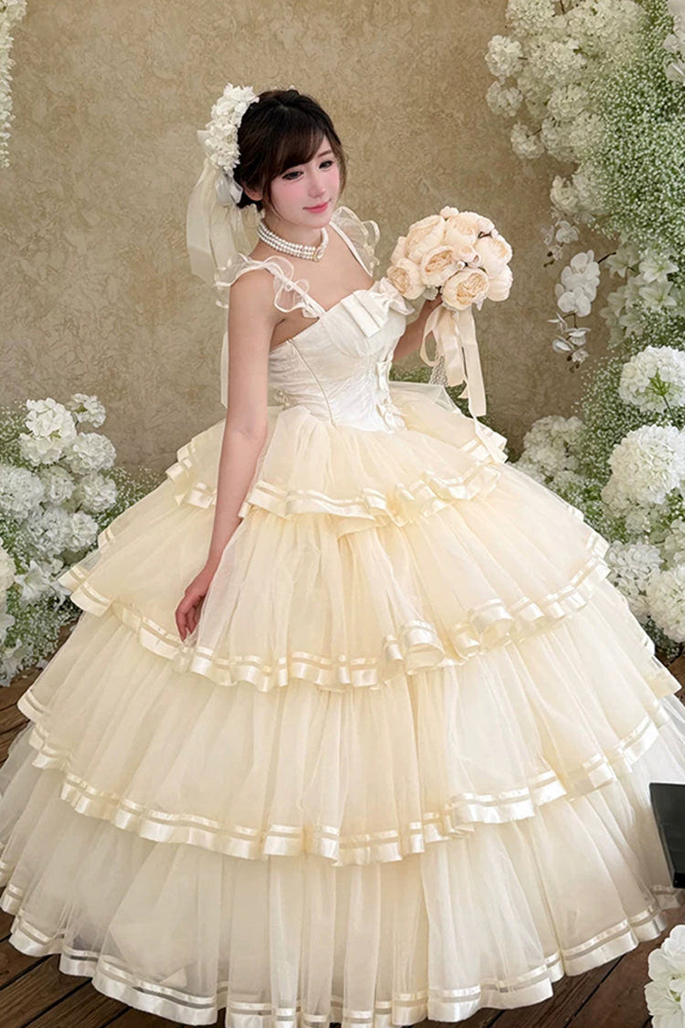 Apricot [Sweet Organza Satin] Sleeveless Multi-Layered Ruffled Hanayome Bow Lace Sweet Elegant Princess Lolita Jsk Dress - Product - 10