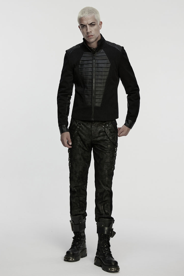Black Stand Collar Long Sleeves Zipper Pleated Men's Punk Jacket - Product - 4