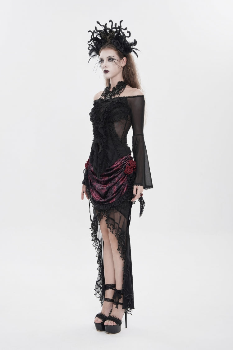 Black Off Shoulder Long Trumpet Sleeves Ruffled Embroidered Lace-Up Women's Gothic Blouse - Product - 7