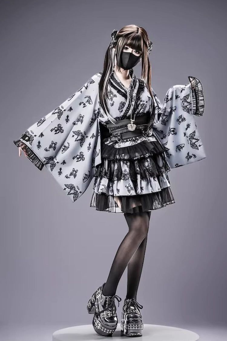 Jirai Kei Long Sleeves Printed Ruffled Lace Studded Gothic Japanese Top and Skirt Set 3 Colors - Product - 9