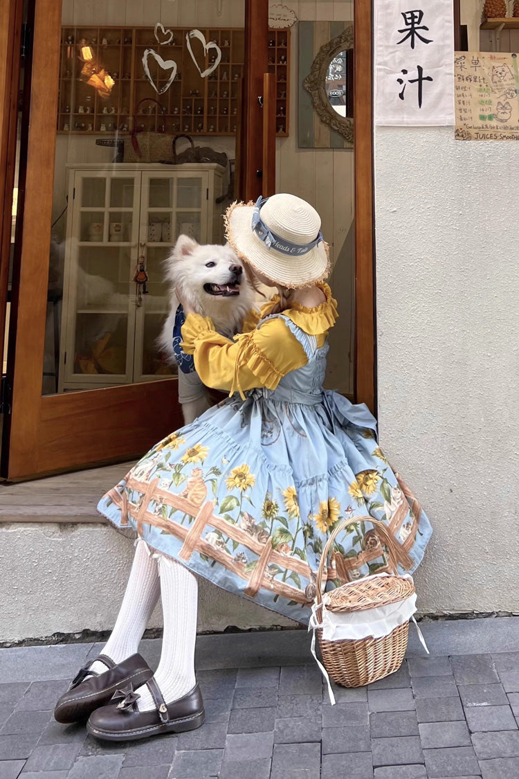Cat and Sunflower Print Bowknot Sweet Lolita Jsk Dress 2 Colors - Product - 5