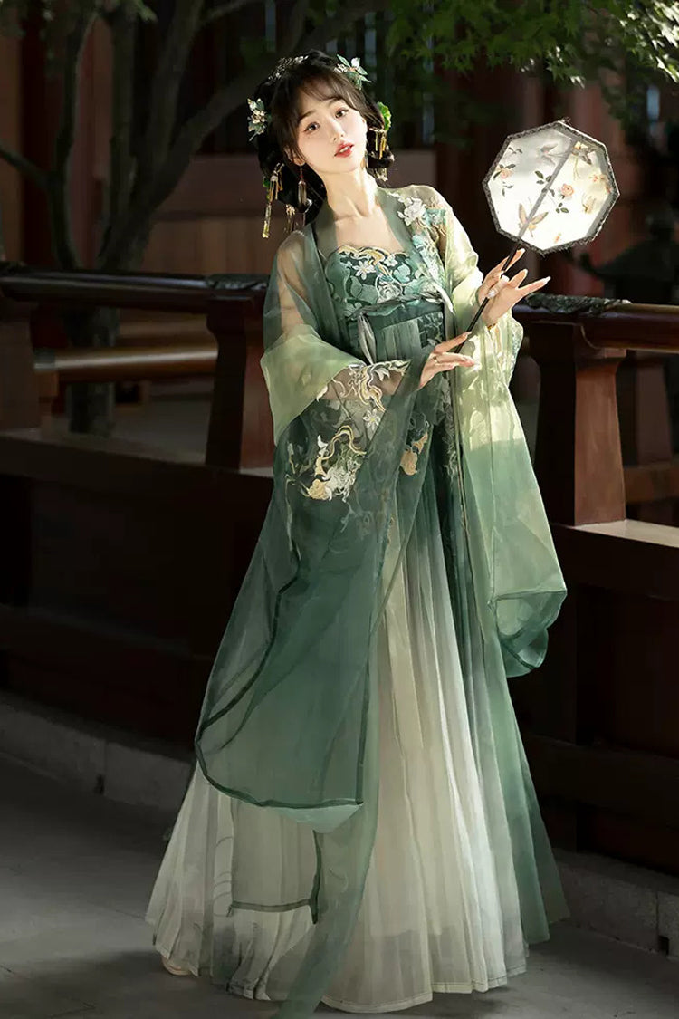Green Embroidery Women's Classic Chinese Style Hanfu Dress Full Set - Product - 3