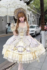 Purple [Gilded Waltz] Square Collar Sleeveless Printed Ruffled Embroidered Bow Lace Gorgeous Sweet Lolita Jsk Dress - Product - 2