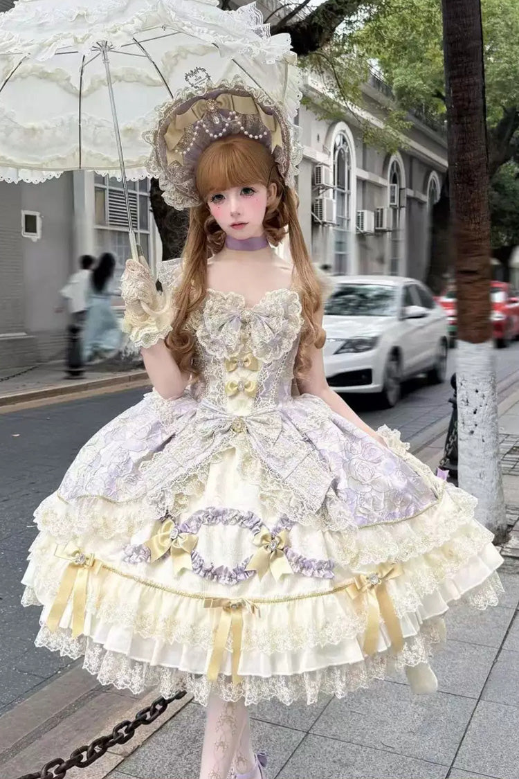 Purple [Gilded Waltz] Square Collar Sleeveless Printed Ruffled Embroidered Bow Lace Gorgeous Sweet Lolita Jsk Dress - Product - 2