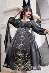Black [Nightmare of Horus] Print Ruffle Hot Stamping Gothic Gorgeous Lolita Jsk Short Dress - Product - 2