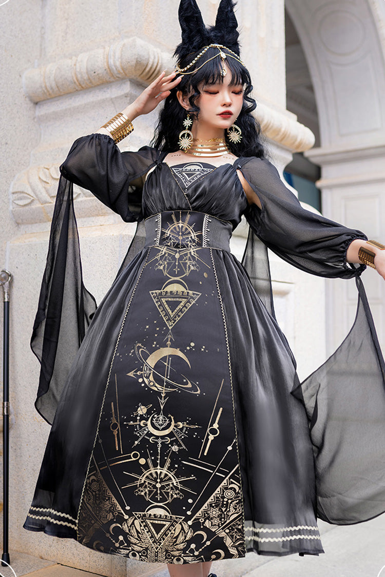Black [Nightmare of Horus] Print Ruffle Hot Stamping Gothic Gorgeous Lolita Jsk Short Dress - Product - 2